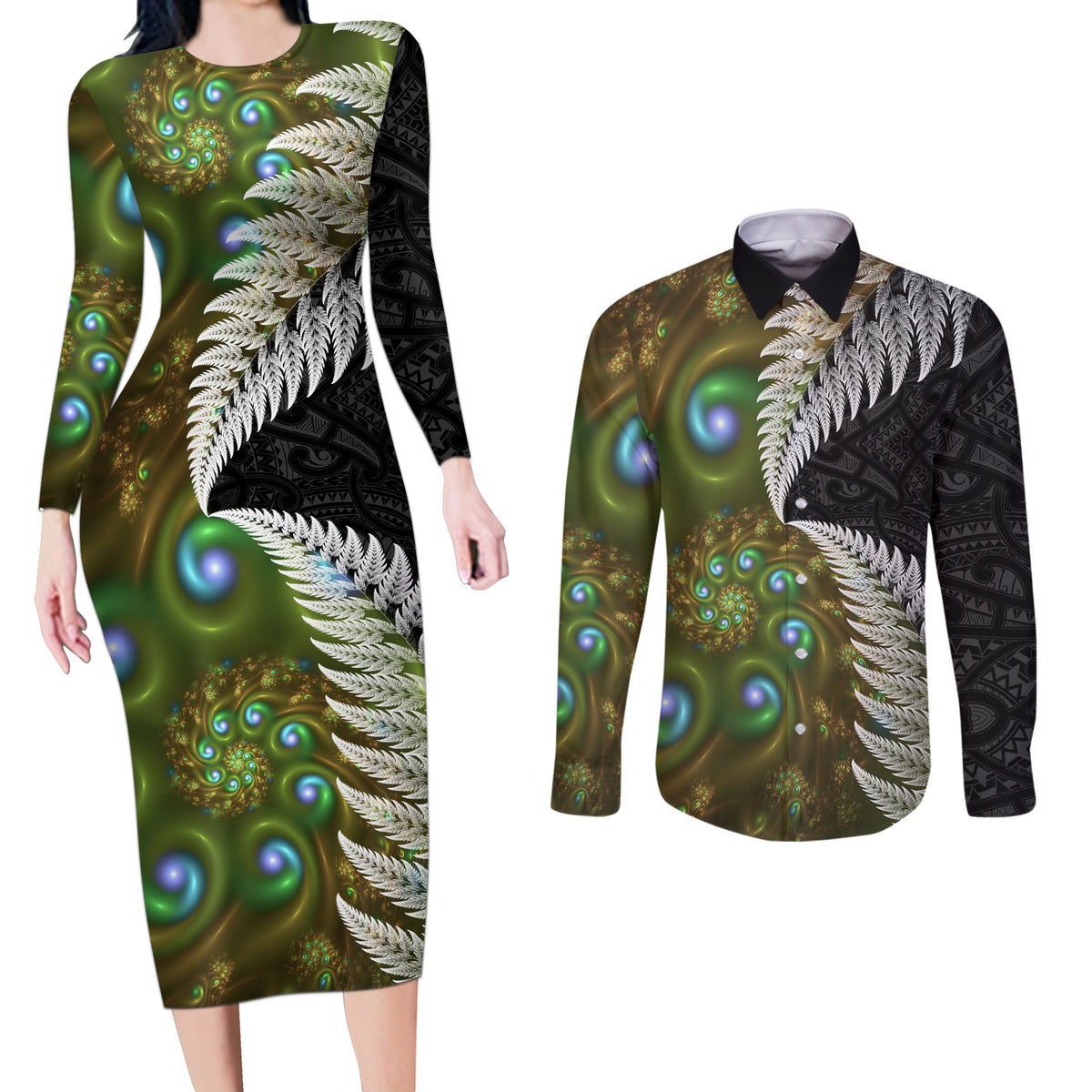 New Zealand Couples Matching Long Sleeve Bodycon Dress and Long Sleeve Button Shirt Koru Abstract Art and Silver Fern Maori Pattern LT03 Green - Polynesian Pride