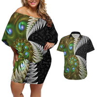 New Zealand Couples Matching Off Shoulder Short Dress and Hawaiian Shirt Koru Abstract Art and Silver Fern Maori Pattern LT03 Green - Polynesian Pride