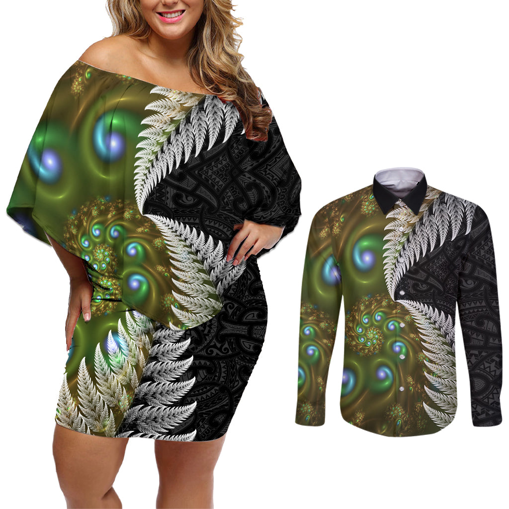 New Zealand Couples Matching Off Shoulder Short Dress and Long Sleeve Button Shirt Koru Abstract Art and Silver Fern Maori Pattern LT03 Green - Polynesian Pride