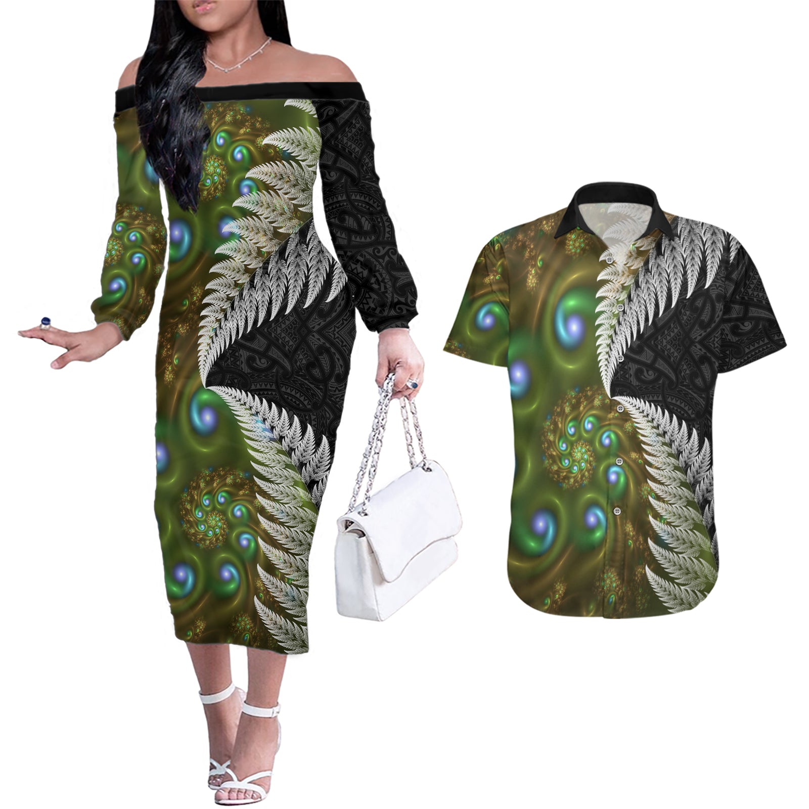 New Zealand Couples Matching Off The Shoulder Long Sleeve Dress and Hawaiian Shirt Koru Abstract Art and Silver Fern Maori Pattern LT03 Green - Polynesian Pride