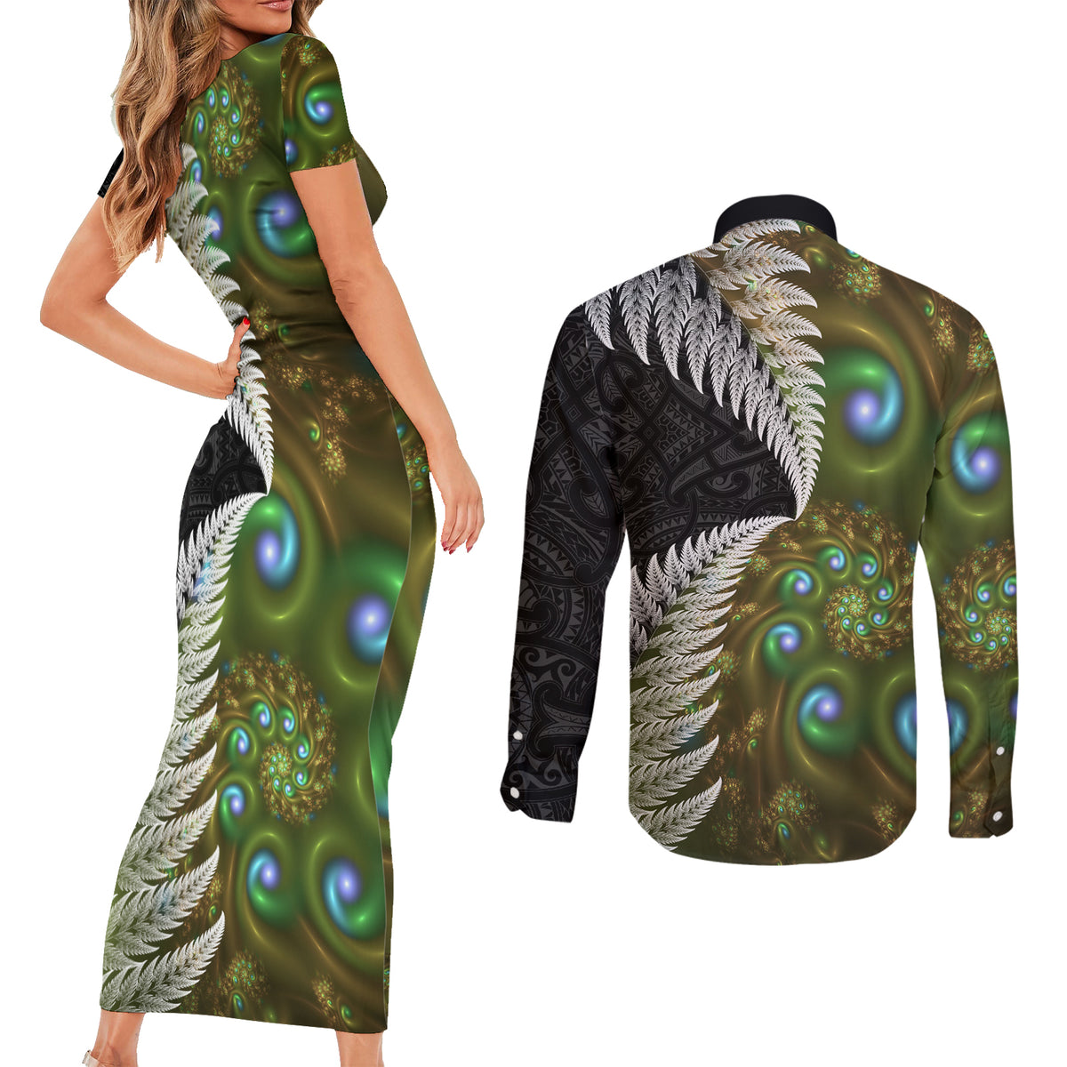 New Zealand Couples Matching Short Sleeve Bodycon Dress and Long Sleeve Button Shirt Koru Abstract Art and Silver Fern Maori Pattern LT03 - Polynesian Pride