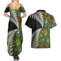 New Zealand Couples Matching Summer Maxi Dress and Hawaiian Shirt Koru Abstract Art and Silver Fern Maori Pattern LT03 - Polynesian Pride