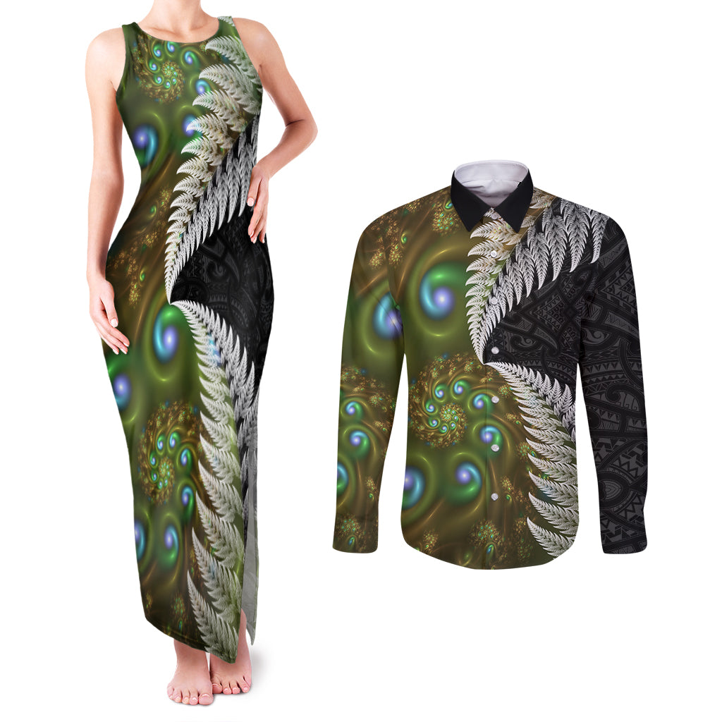 New Zealand Couples Matching Tank Maxi Dress and Long Sleeve Button Shirt Koru Abstract Art and Silver Fern Maori Pattern LT03 Green - Polynesian Pride