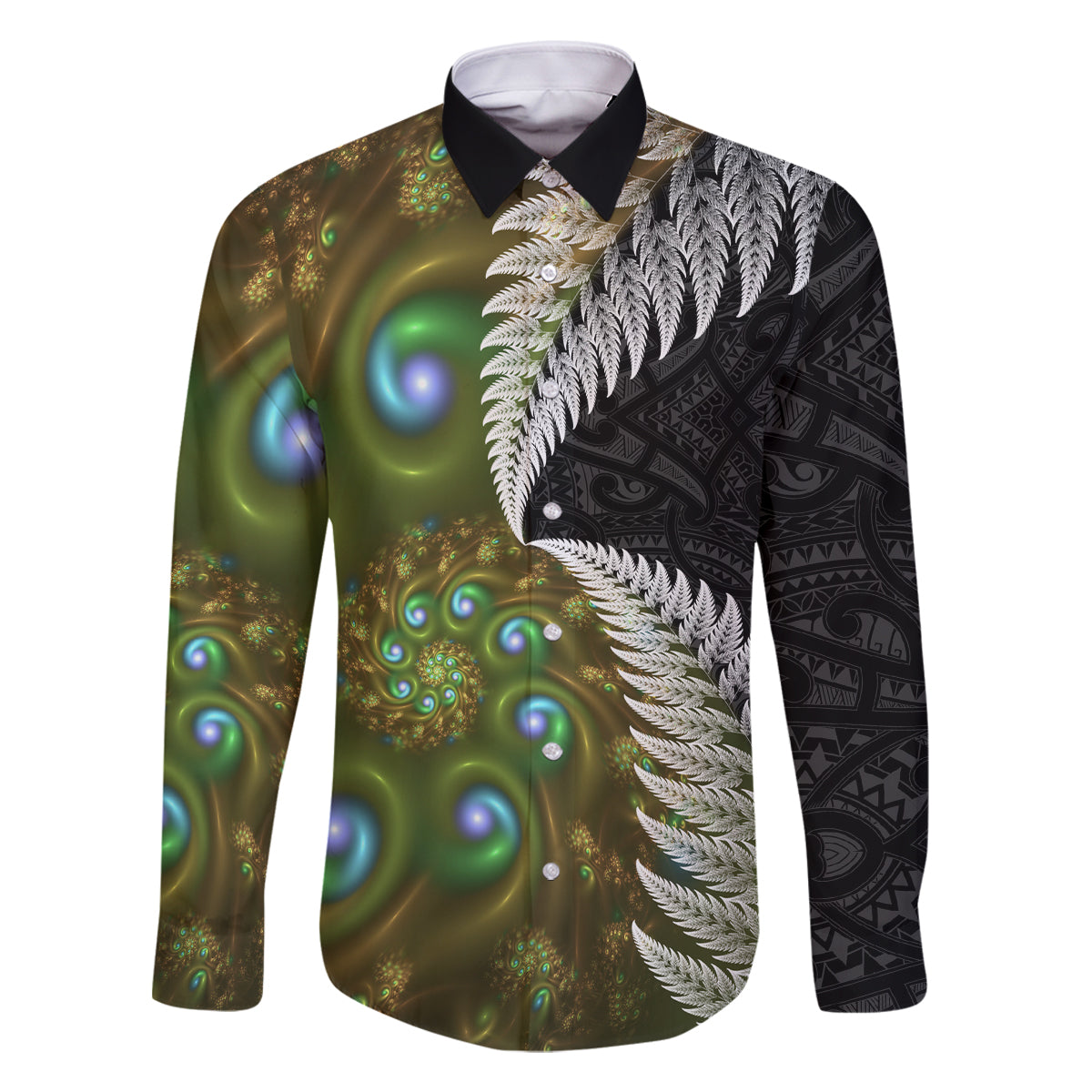 New Zealand Family Matching Mermaid Dress and Hawaiian Shirt Koru Abstract Art and Silver Fern Maori Pattern LT03 Dad's Shirt - Long Sleeve Green - Polynesian Pride
