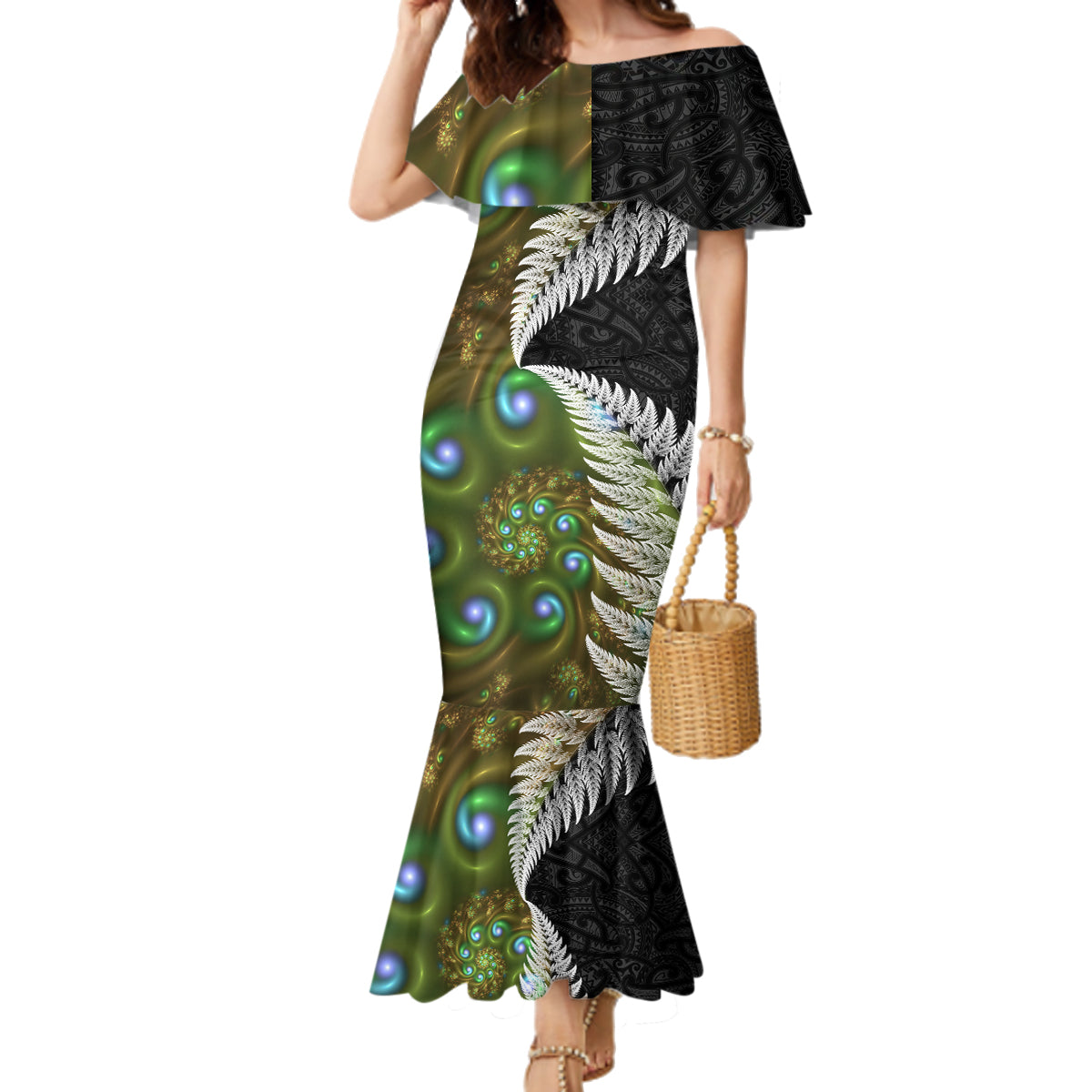 New Zealand Family Matching Mermaid Dress and Hawaiian Shirt Koru Abstract Art and Silver Fern Maori Pattern LT03 Mom's Dress Green - Polynesian Pride
