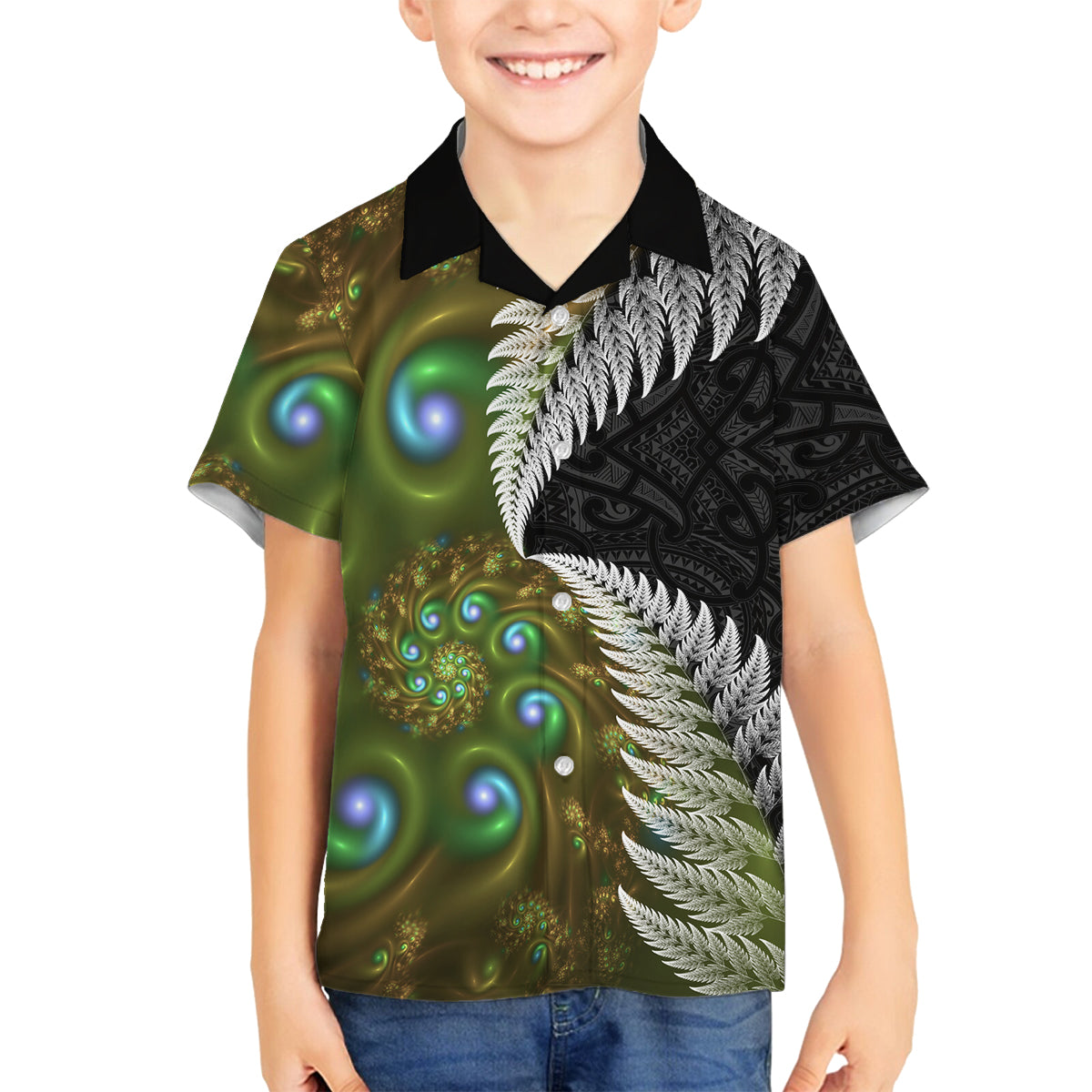 New Zealand Family Matching Off Shoulder Maxi Dress and Hawaiian Shirt Koru Abstract Art and Silver Fern Maori Pattern LT03 Son's Shirt Green - Polynesian Pride