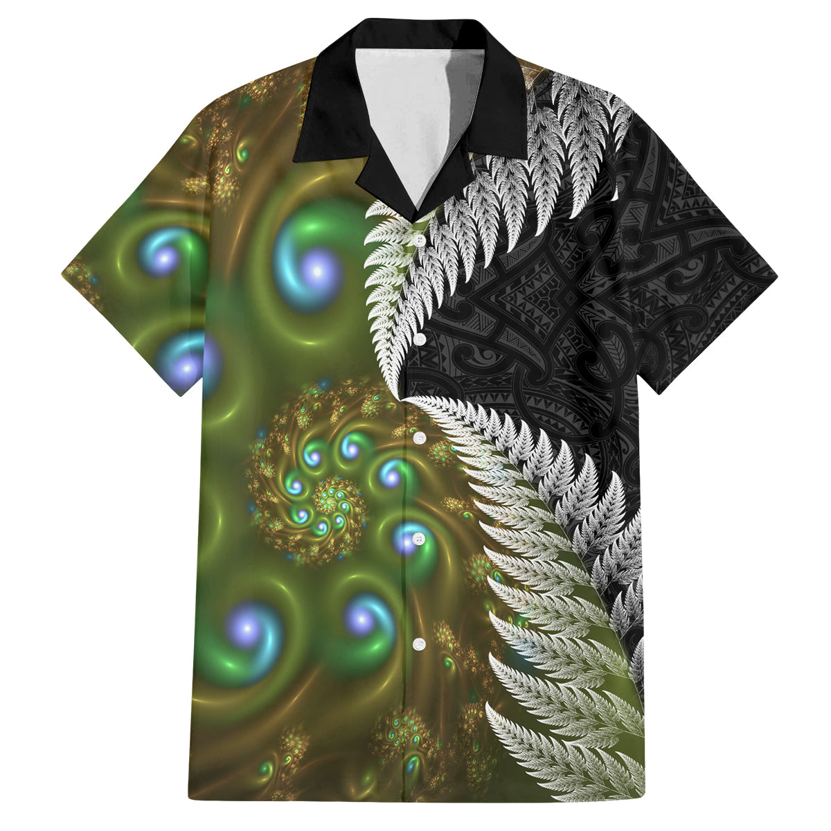New Zealand Family Matching Off Shoulder Short Dress and Hawaiian Shirt Koru Abstract Art and Silver Fern Maori Pattern LT03 Dad's Shirt - Short Sleeve Green - Polynesian Pride