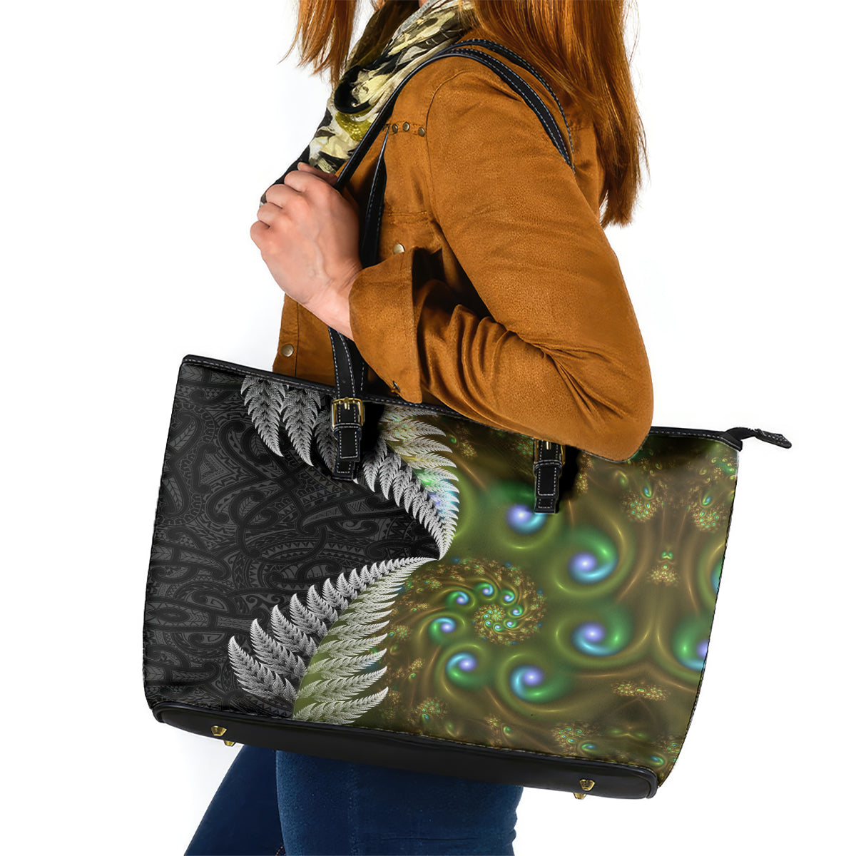 New Zealand Leather Tote Bag Koru Abstract Art and Silver Fern Maori Pattern