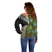 New Zealand Off Shoulder Sweater Koru Abstract Art and Silver Fern Maori Pattern LT03 - Polynesian Pride