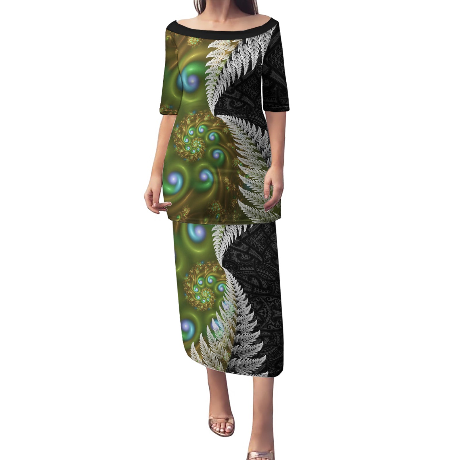 New Zealand Puletasi Koru Abstract Art and Silver Fern Maori Pattern LT03 Long Dress Green - Polynesian Pride