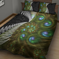New Zealand Quilt Bed Set Koru Abstract Art and Silver Fern Maori Pattern