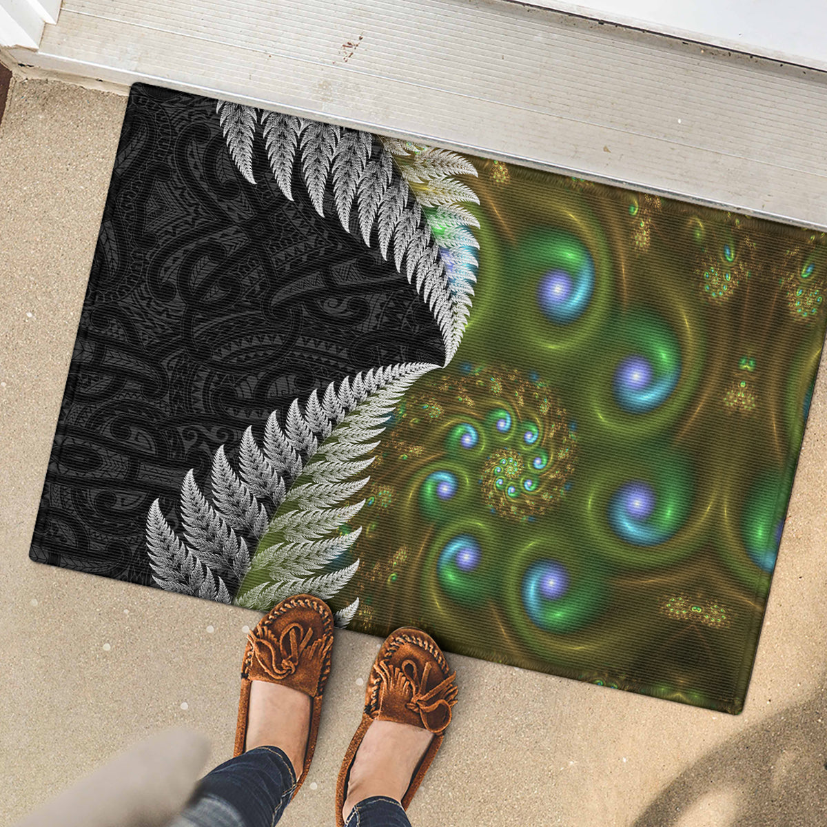 New Zealand Rubber Doormat Koru Abstract Art and Silver Fern Maori Pattern