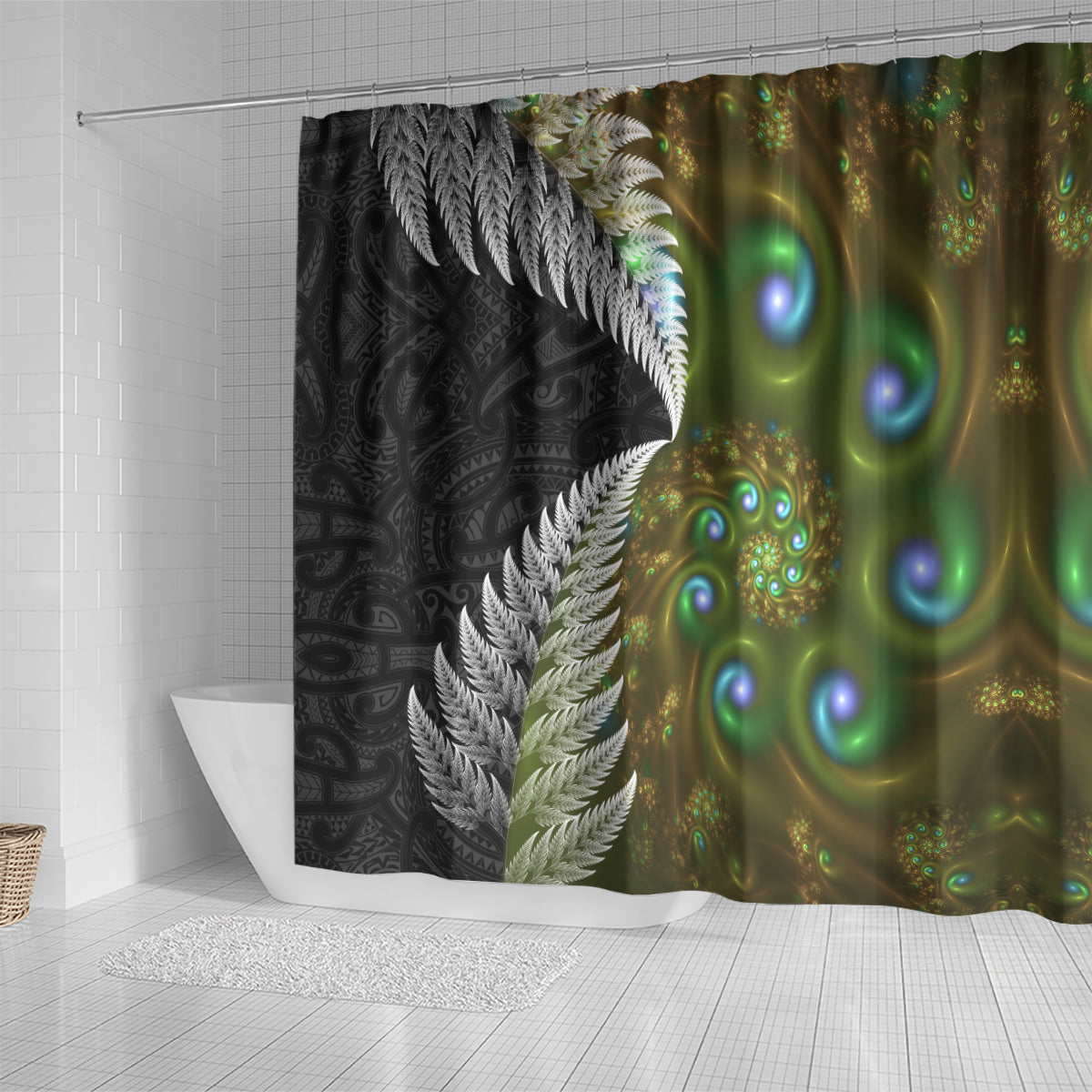 New Zealand Shower Curtain Koru Abstract Art and Silver Fern Maori Pattern