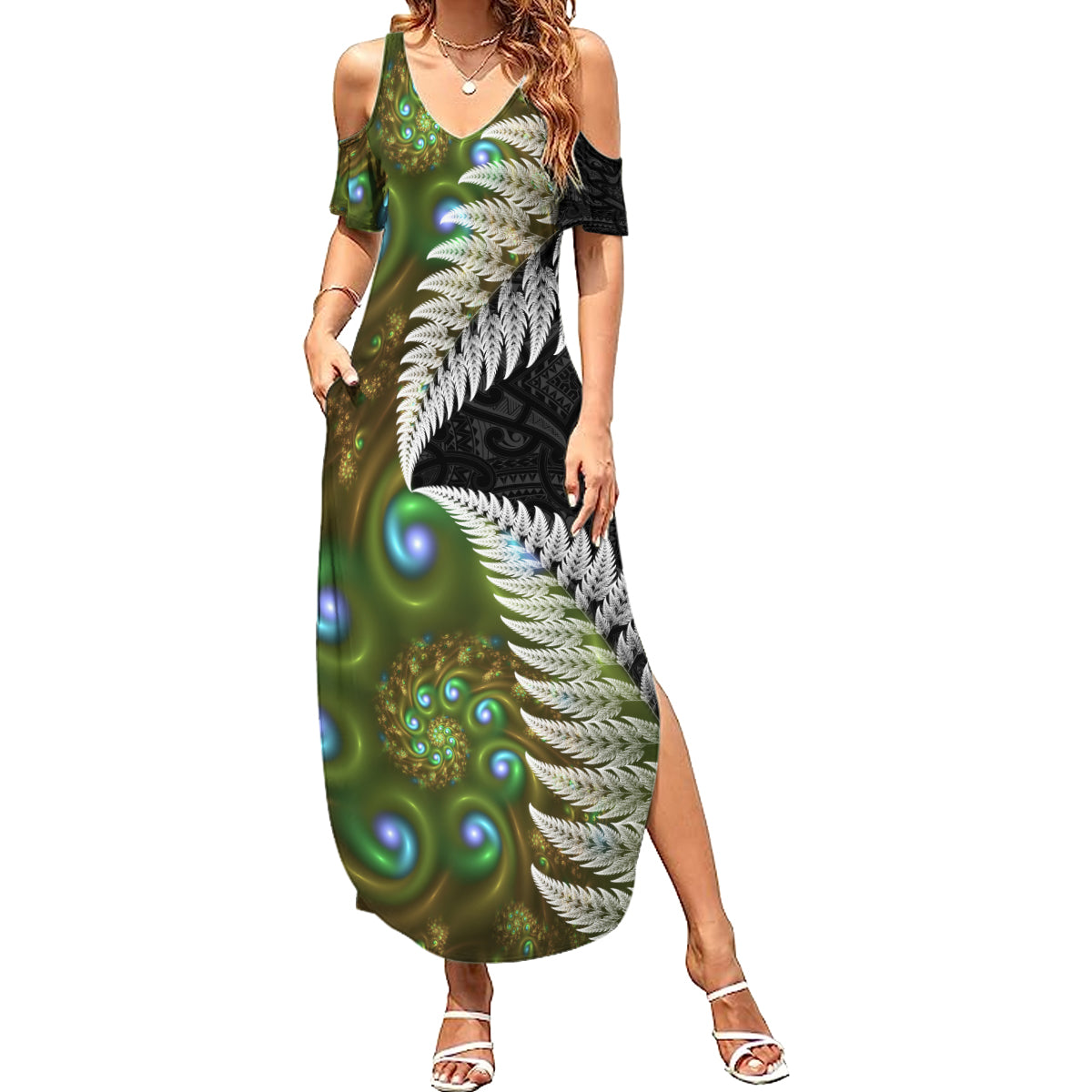 New Zealand Summer Maxi Dress Koru Abstract Art and Silver Fern Maori Pattern LT03 Women Green - Polynesian Pride