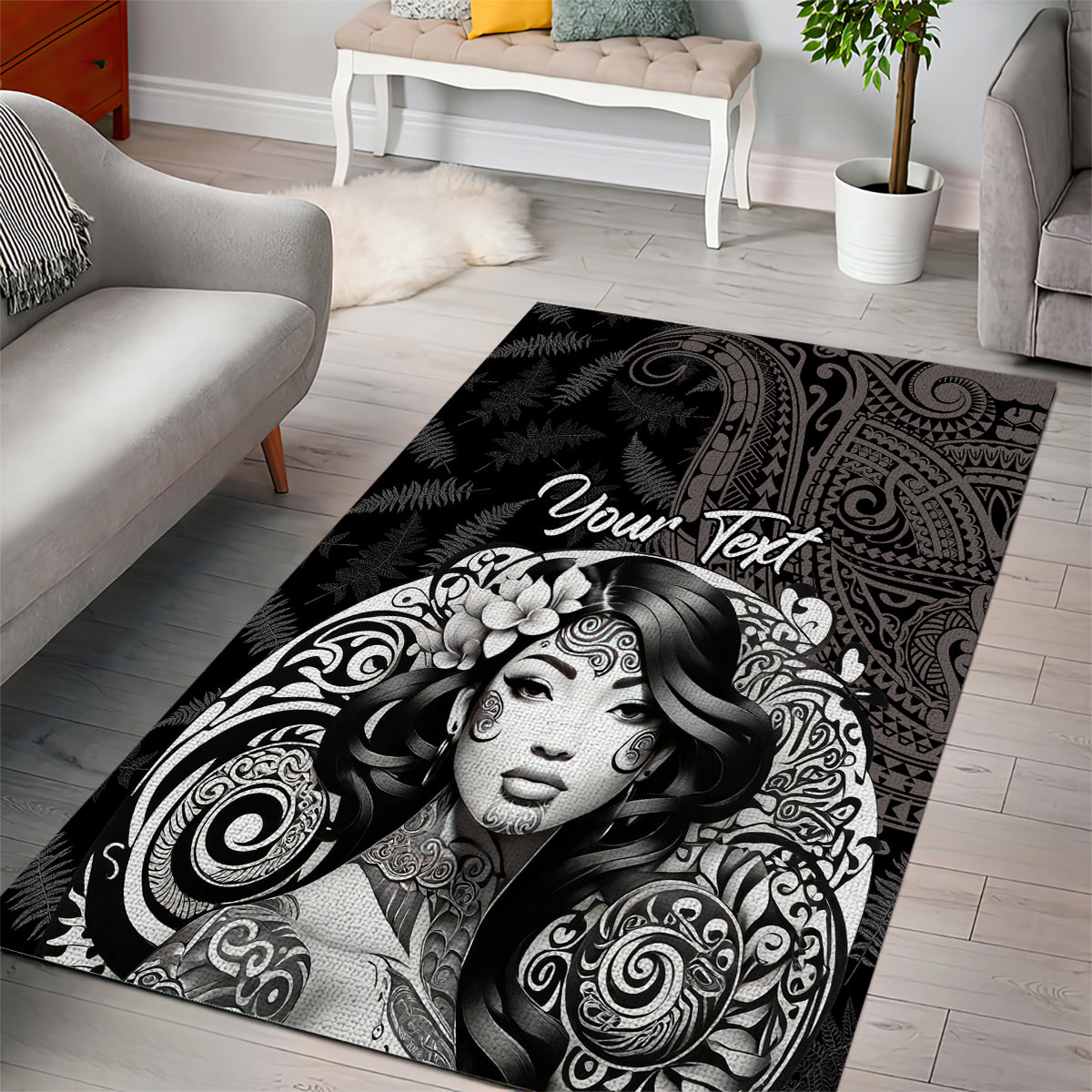 Custom New Zealand Women's Day Area Rug Maori Tribal Girl and Silver Fern Pattern