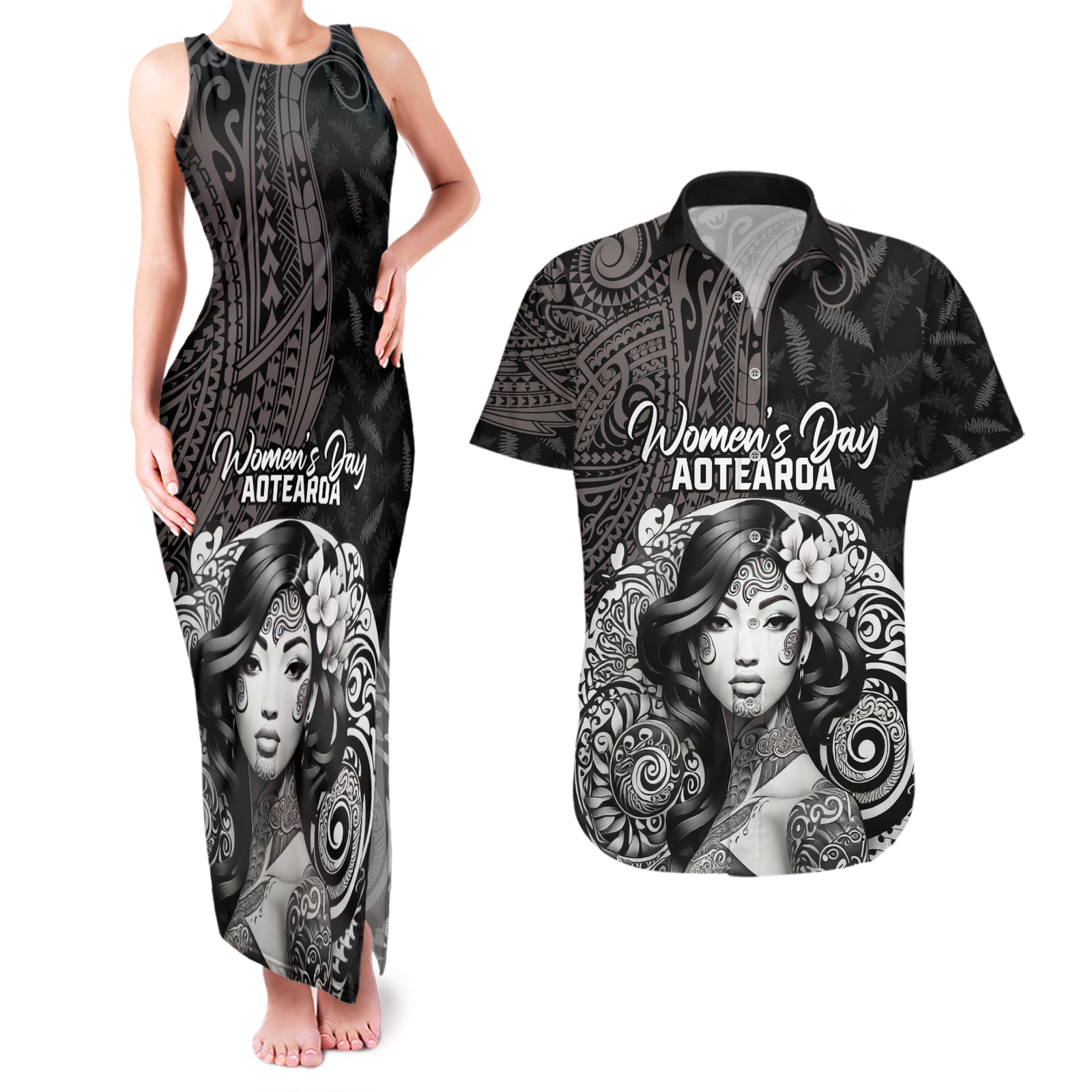 Custom New Zealand Women's Day Couples Matching Tank Maxi Dress and Hawaiian Shirt Maori Tribal Girl and Silver Fern Pattern LT03 Black - Polynesian Pride