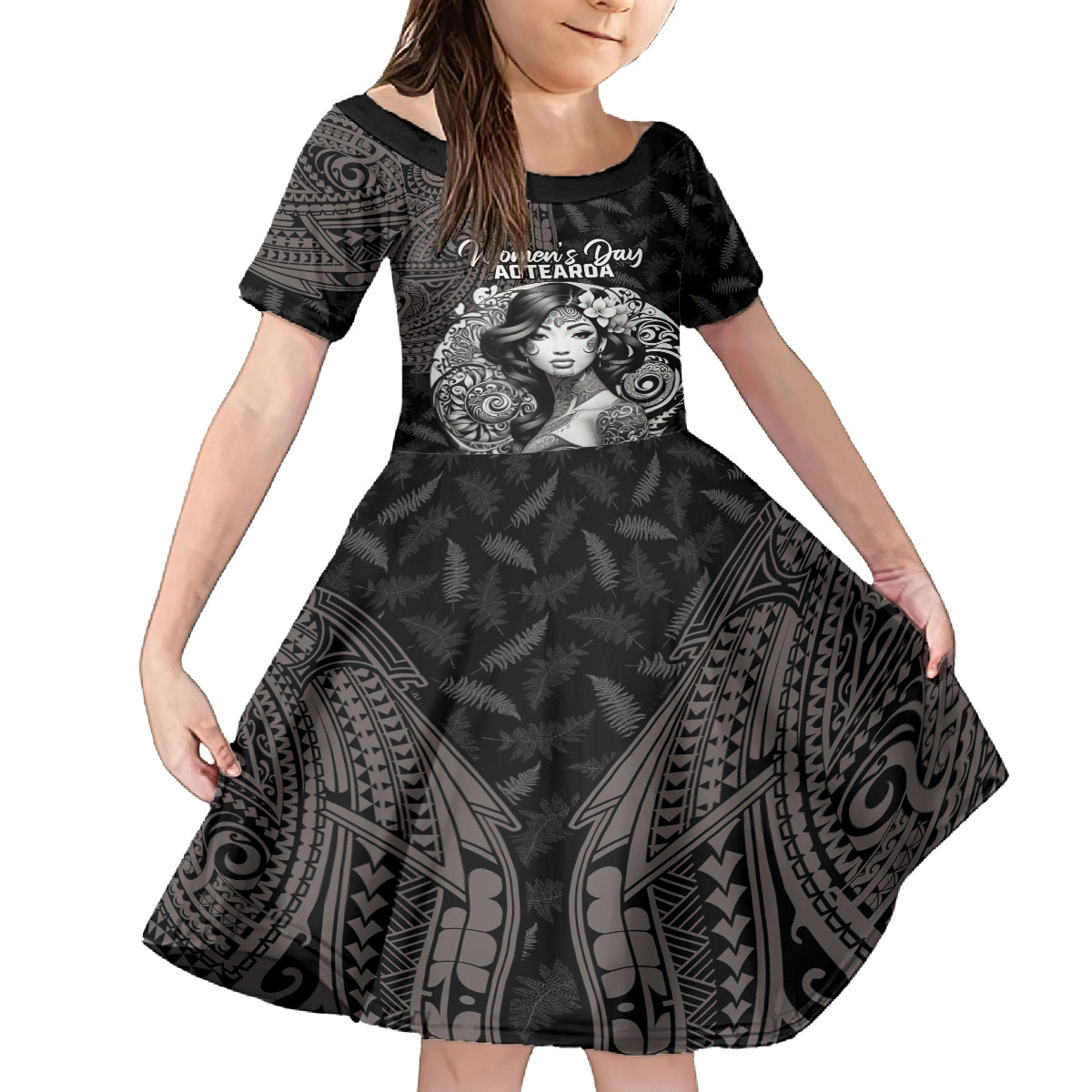 Custom New Zealand Women's Day Family Matching Summer Maxi Dress and Hawaiian Shirt Maori Tribal Girl and Silver Fern Pattern LT03 Daughter's Dress Black - Polynesian Pride