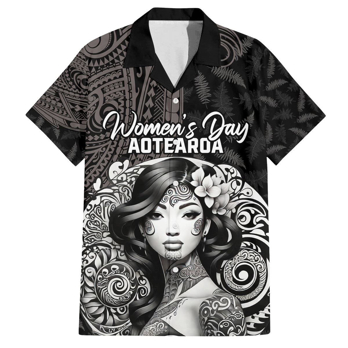 Custom New Zealand Women's Day Family Matching Tank Maxi Dress and Hawaiian Shirt Maori Tribal Girl and Silver Fern Pattern LT03 Dad's Shirt - Short Sleeve Black - Polynesian Pride