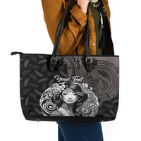 Custom New Zealand Women's Day Leather Tote Bag Maori Tribal Girl and Silver Fern Pattern LT03 - Polynesian Pride