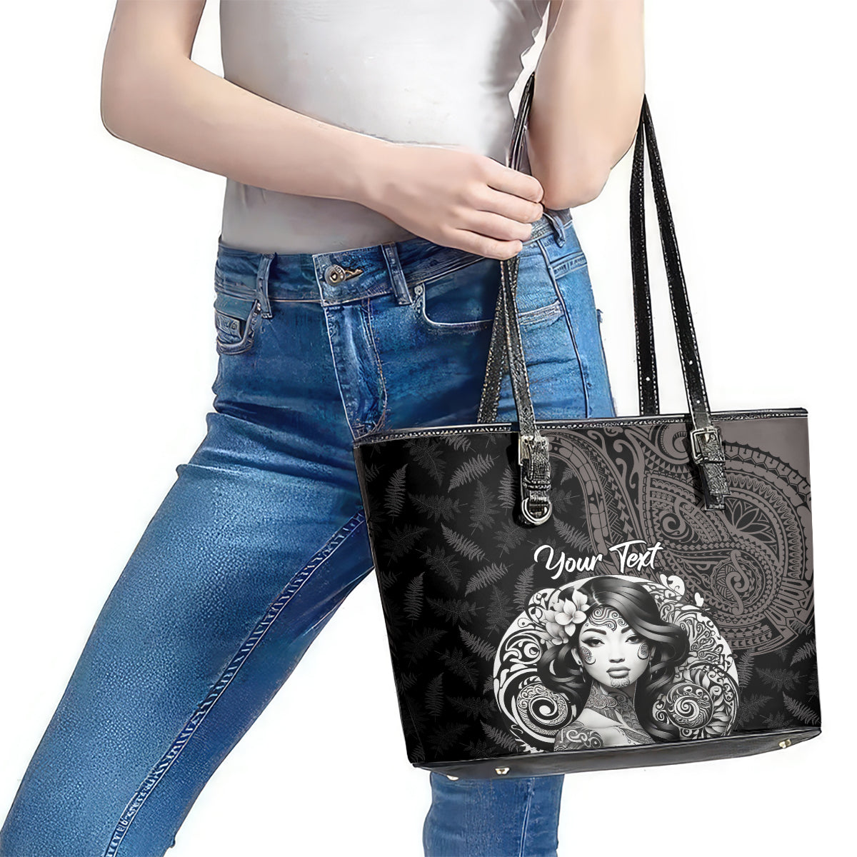 Custom New Zealand Women's Day Leather Tote Bag Maori Tribal Girl and Silver Fern Pattern LT03 - Polynesian Pride