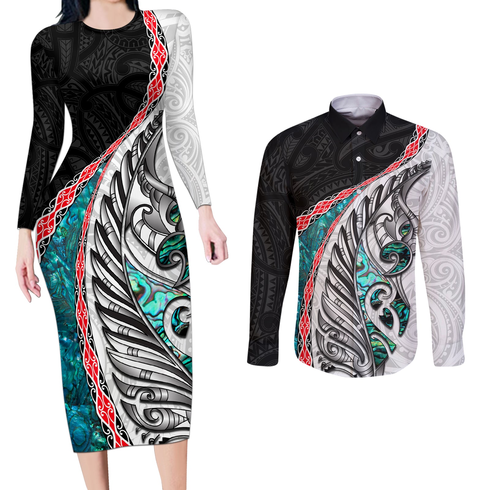New Zealand Couples Matching Long Sleeve Bodycon Dress and Long Sleeve Button Shirt Manaia Fern and Koru Maori Pattern LT03 Black - Polynesian Pride