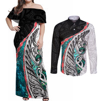 New Zealand Couples Matching Off Shoulder Maxi Dress and Long Sleeve Button Shirt Manaia Fern and Koru Maori Pattern LT03 Black - Polynesian Pride