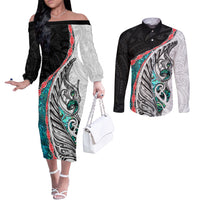 New Zealand Couples Matching Off The Shoulder Long Sleeve Dress and Long Sleeve Button Shirt Manaia Fern and Koru Maori Pattern LT03 Black - Polynesian Pride