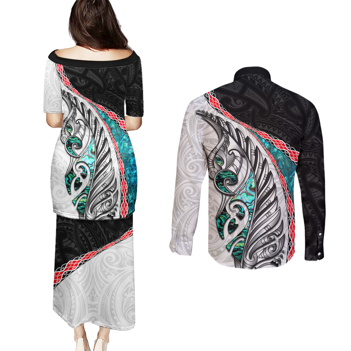 New Zealand Couples Matching Puletasi and Long Sleeve Button Shirt Manaia Fern and Koru Maori Pattern LT03 - Polynesian Pride