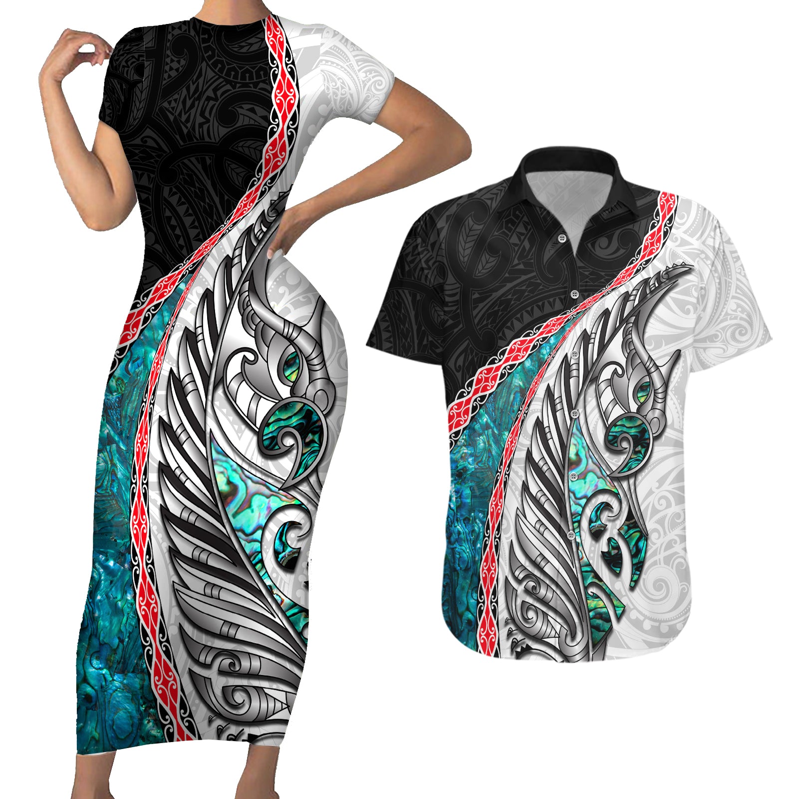 New Zealand Couples Matching Short Sleeve Bodycon Dress and Hawaiian Shirt Manaia Fern and Koru Maori Pattern LT03 Black - Polynesian Pride