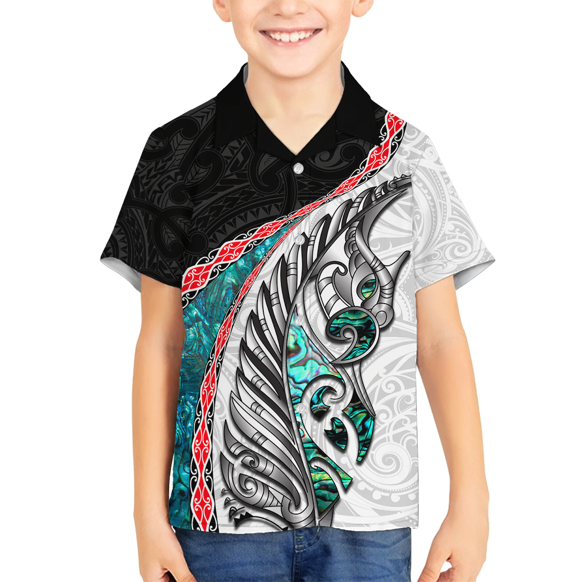 New Zealand Family Matching Off Shoulder Short Dress and Hawaiian Shirt Manaia Fern and Koru Maori Pattern LT03 Son's Shirt Black - Polynesian Pride