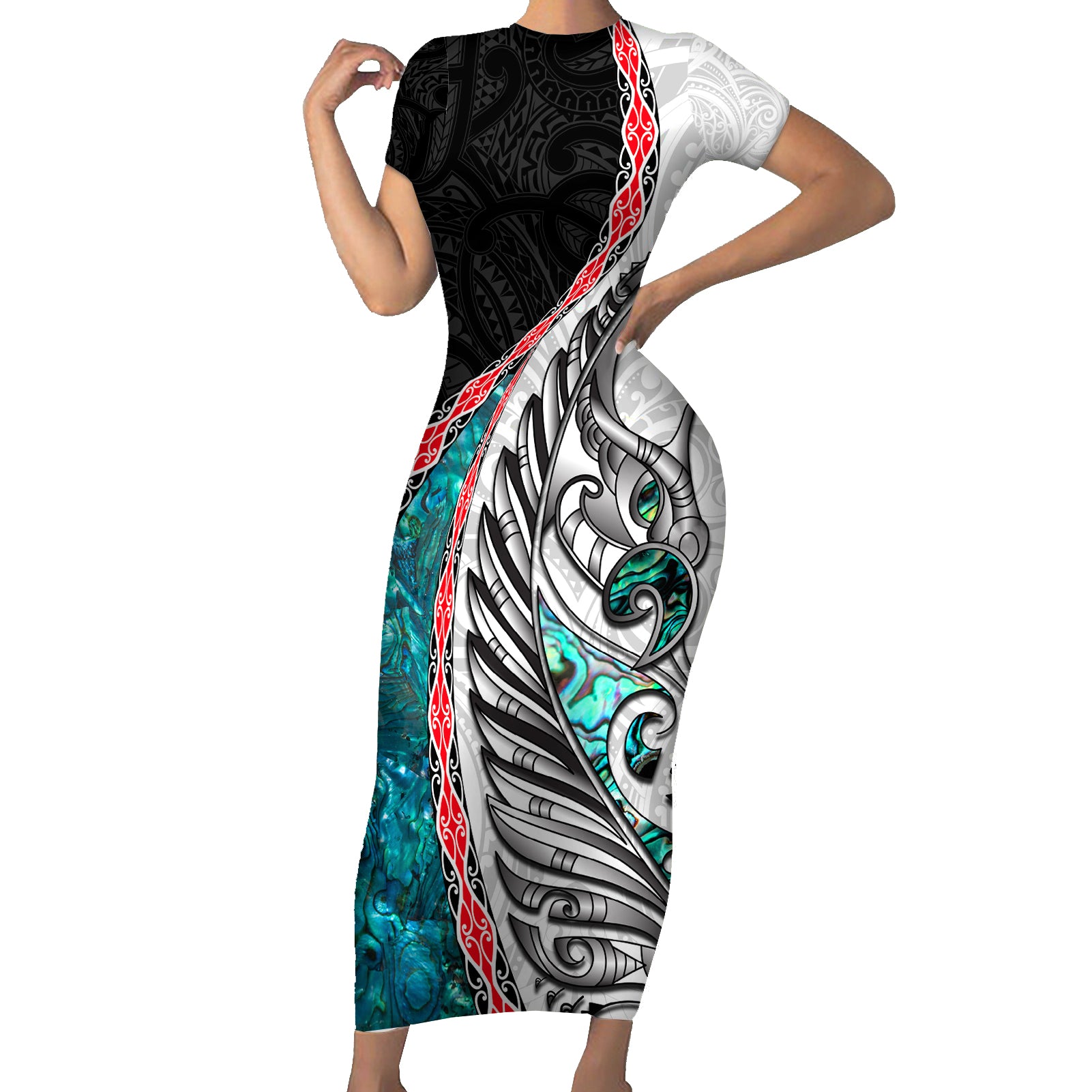 New Zealand Short Sleeve Bodycon Dress Manaia Fern and Koru Maori Pattern LT03 Long Dress Black - Polynesian Pride
