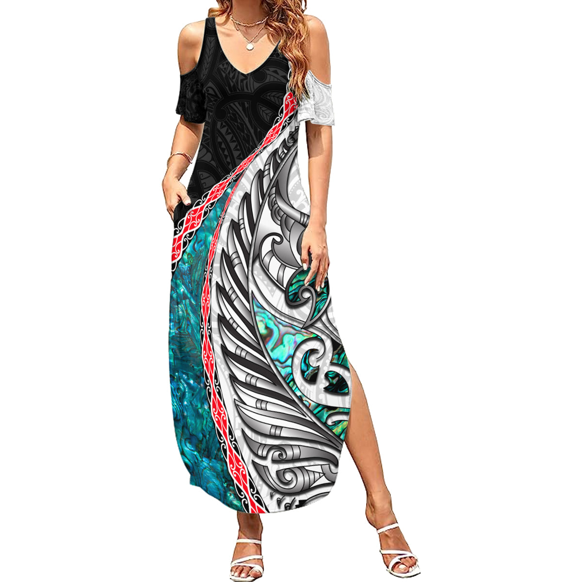 New Zealand Summer Maxi Dress Manaia Fern and Koru Maori Pattern LT03 Women Black - Polynesian Pride