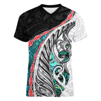 New Zealand Women V Neck T Shirt Manaia Fern and Koru Maori Pattern LT03 Female Black - Polynesian Pride