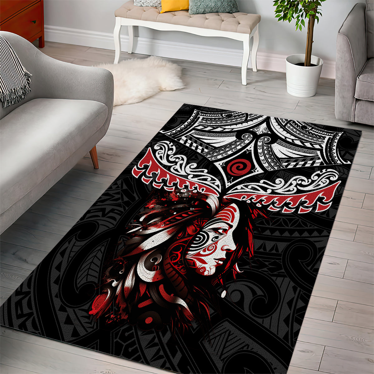 New Zealand Maori Girl Area Rug Silver Fern and Koru Pattern