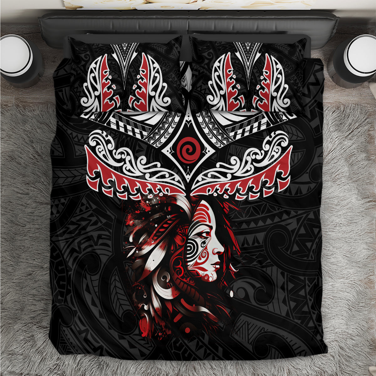 New Zealand Maori Girl Bedding Set Silver Fern and Koru Pattern