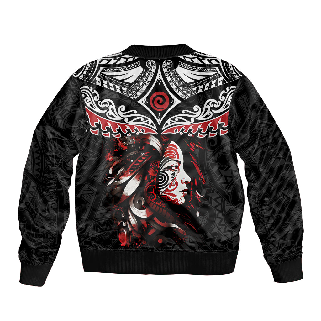 New Zealand Maori Girl Bomber Jacket Silver Fern and Koru Pattern LT03 - Polynesian Pride