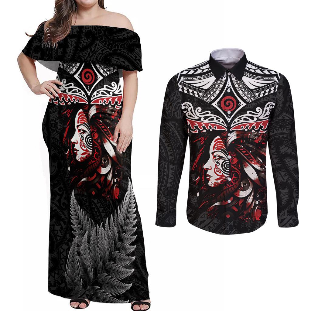 New Zealand Maori Girl Couples Matching Off Shoulder Maxi Dress and Long Sleeve Button Shirt Silver Fern and Koru Pattern LT03 Black - Polynesian Pride