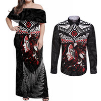 New Zealand Maori Girl Couples Matching Off Shoulder Maxi Dress and Long Sleeve Button Shirt Silver Fern and Koru Pattern LT03 Black - Polynesian Pride