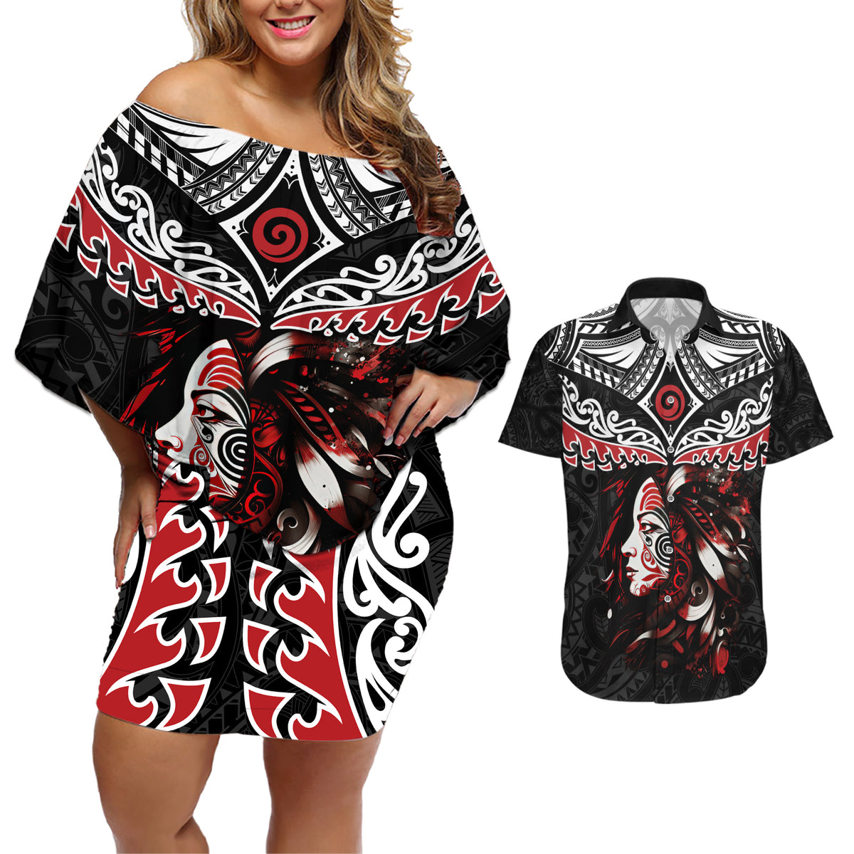 New Zealand Maori Girl Couples Matching Off Shoulder Short Dress and Hawaiian Shirt Silver Fern and Koru Pattern LT03 Black - Polynesian Pride