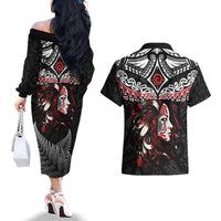 New Zealand Maori Girl Couples Matching Off The Shoulder Long Sleeve Dress and Hawaiian Shirt Silver Fern and Koru Pattern LT03 - Polynesian Pride