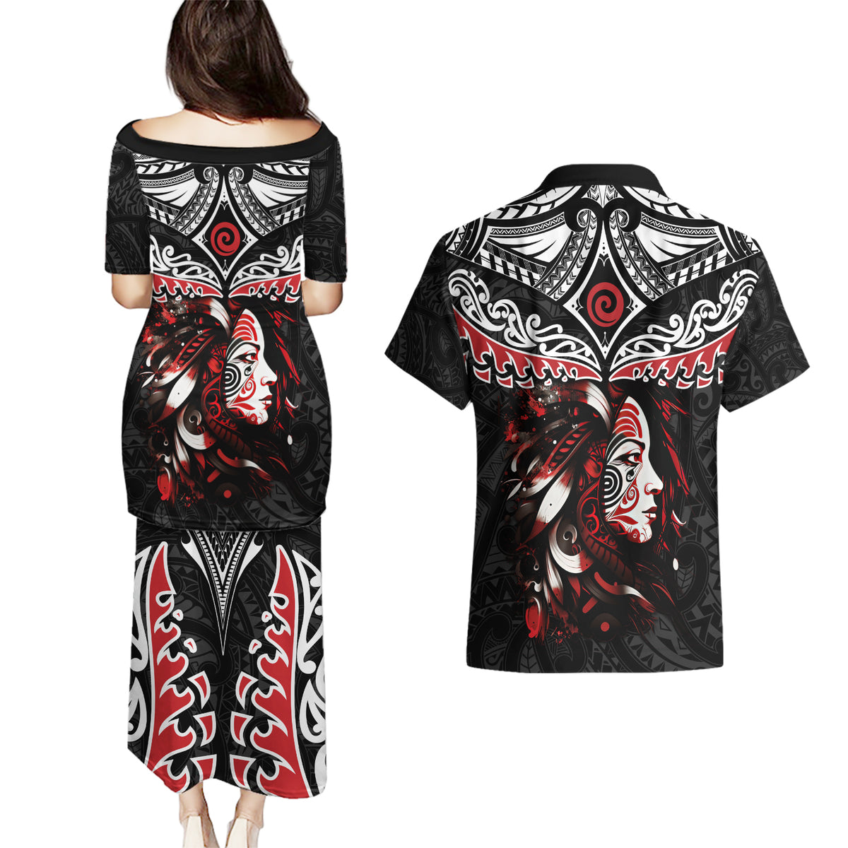 New Zealand Maori Girl Couples Matching Puletasi and Hawaiian Shirt Silver Fern and Koru Pattern LT03 - Polynesian Pride