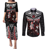 New Zealand Maori Girl Couples Matching Puletasi and Long Sleeve Button Shirt Silver Fern and Koru Pattern LT03 Black - Polynesian Pride