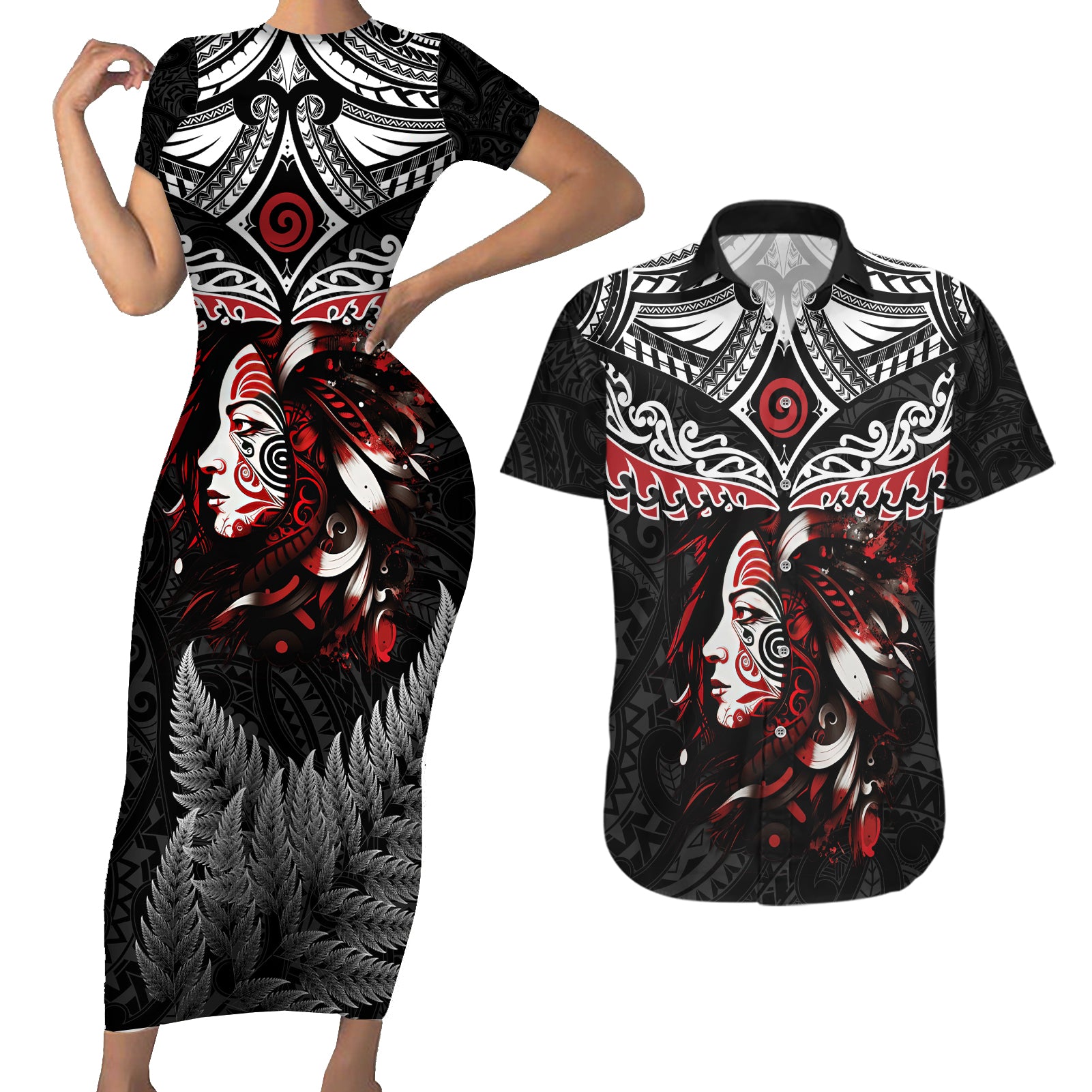 New Zealand Maori Girl Couples Matching Short Sleeve Bodycon Dress and Hawaiian Shirt Silver Fern and Koru Pattern LT03 Black - Polynesian Pride