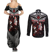 New Zealand Maori Girl Couples Matching Summer Maxi Dress and Long Sleeve Button Shirt Silver Fern and Koru Pattern LT03 - Polynesian Pride