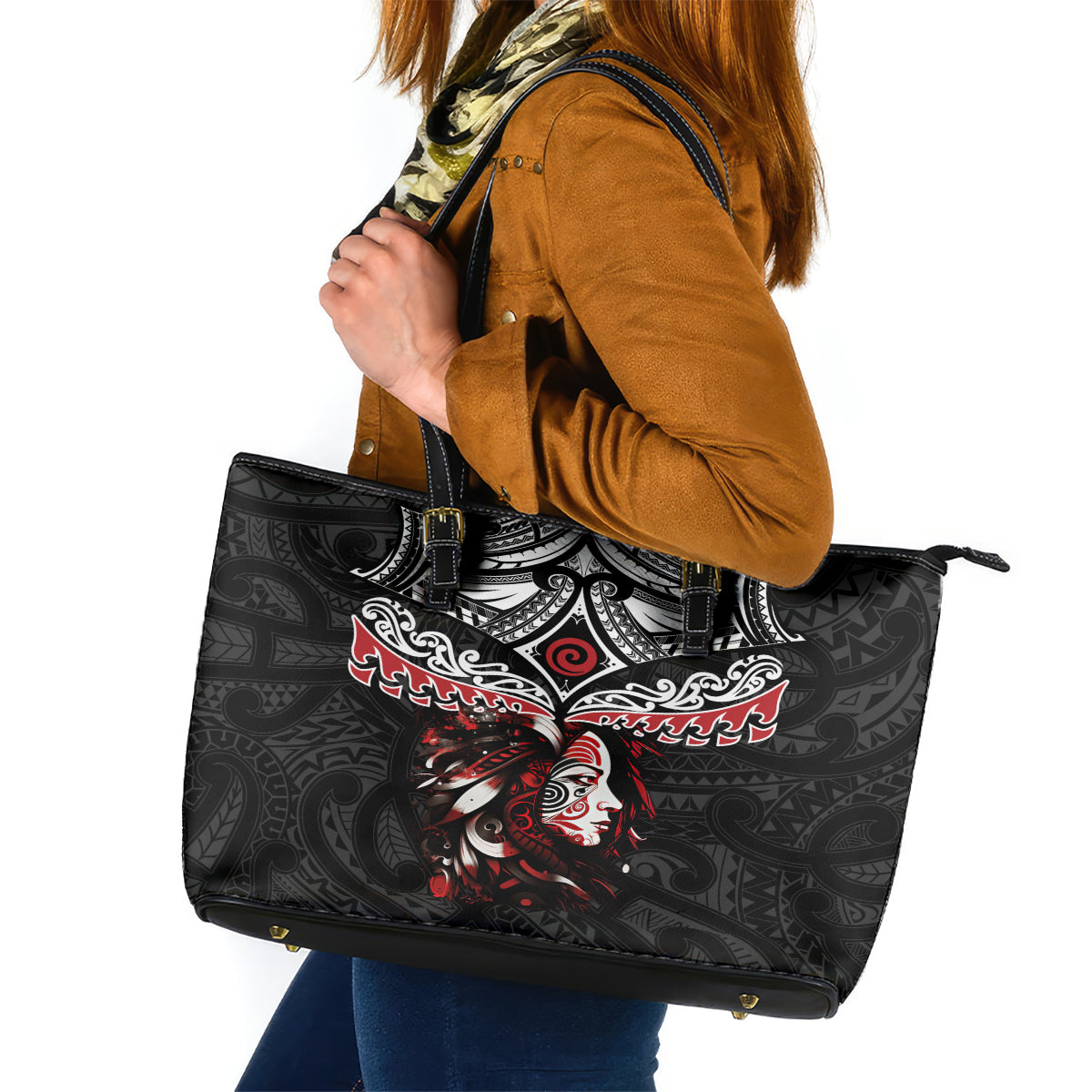 New Zealand Maori Girl Leather Tote Bag Silver Fern and Koru Pattern