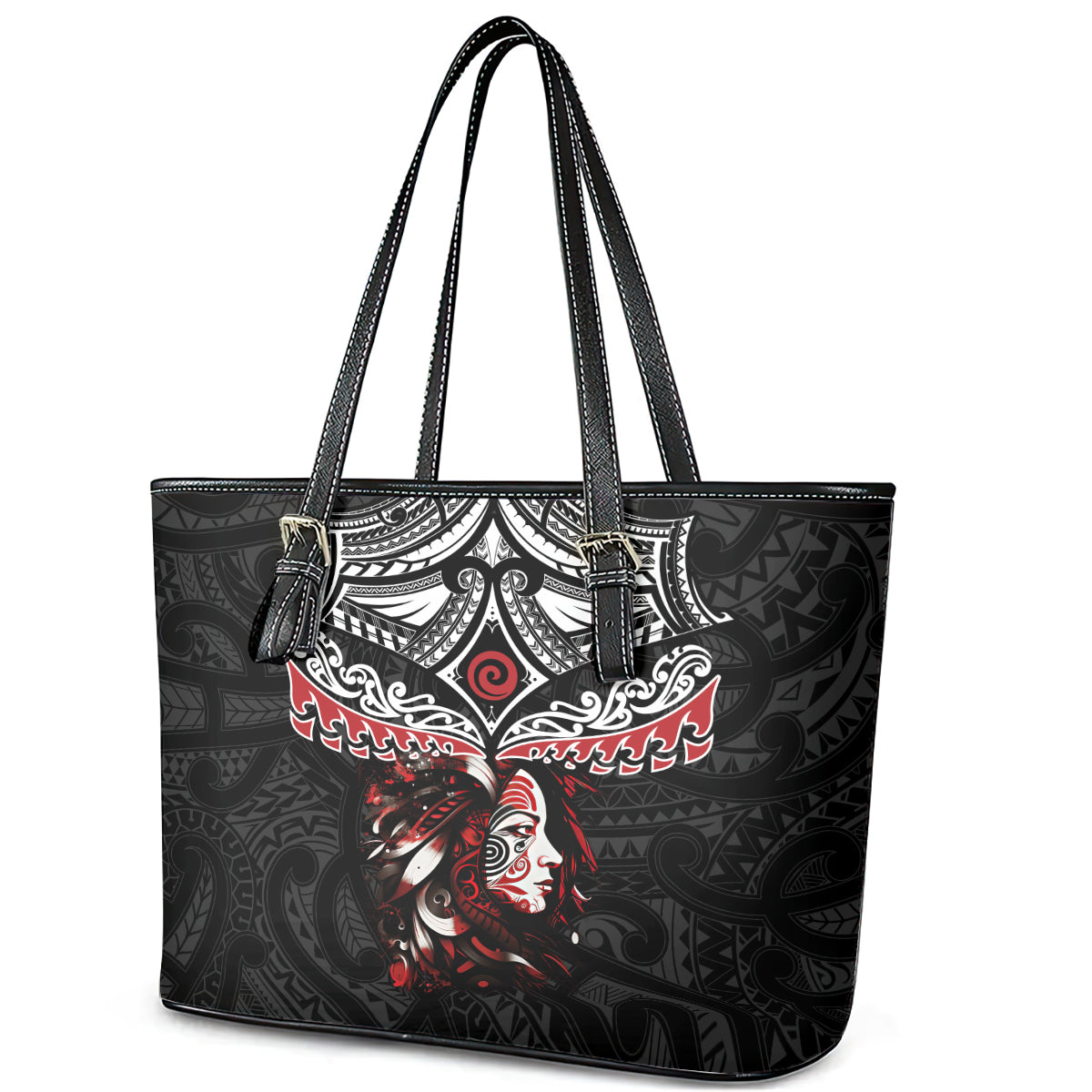 New Zealand Maori Girl Leather Tote Bag Silver Fern and Koru Pattern