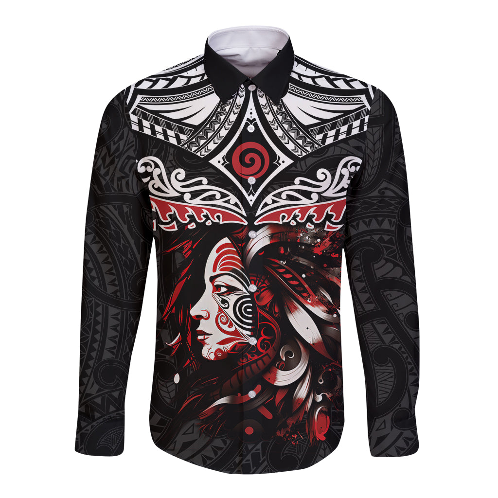 New Zealand Maori Girl Long Sleeve Button Shirt Silver Fern and Koru Pattern LT03 Unisex Black - Polynesian Pride