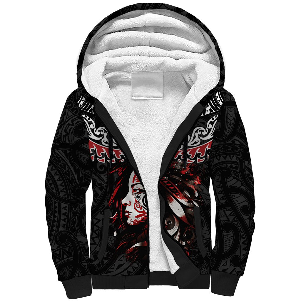 New Zealand Maori Girl Sherpa Hoodie Silver Fern and Koru Pattern LT03 Unisex Black - Polynesian Pride