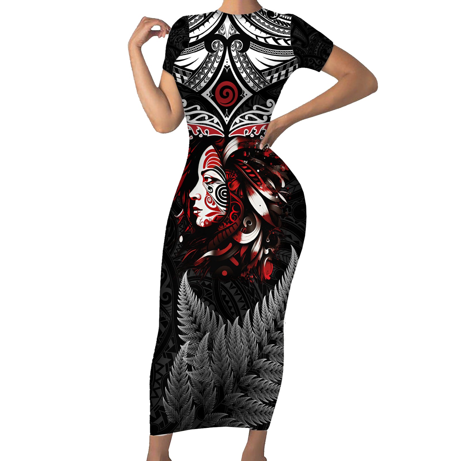 New Zealand Maori Girl Short Sleeve Bodycon Dress Silver Fern and Koru Pattern LT03 Long Dress Black - Polynesian Pride
