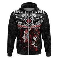 New Zealand Maori Girl Zip Hoodie Silver Fern and Koru Pattern LT03 Zip Hoodie Black - Polynesian Pride